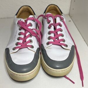 Royal Albartross White Sneakers with Pink and Navy Accents and Pink Leopard Fur